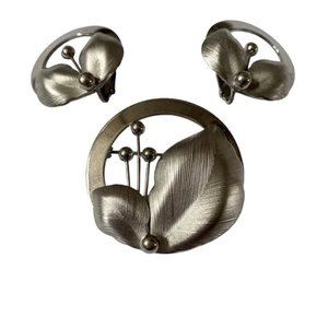 Vintage Emmons Flower Brooch  Pin with Clip Earrings Set Brushed Silver 1950's